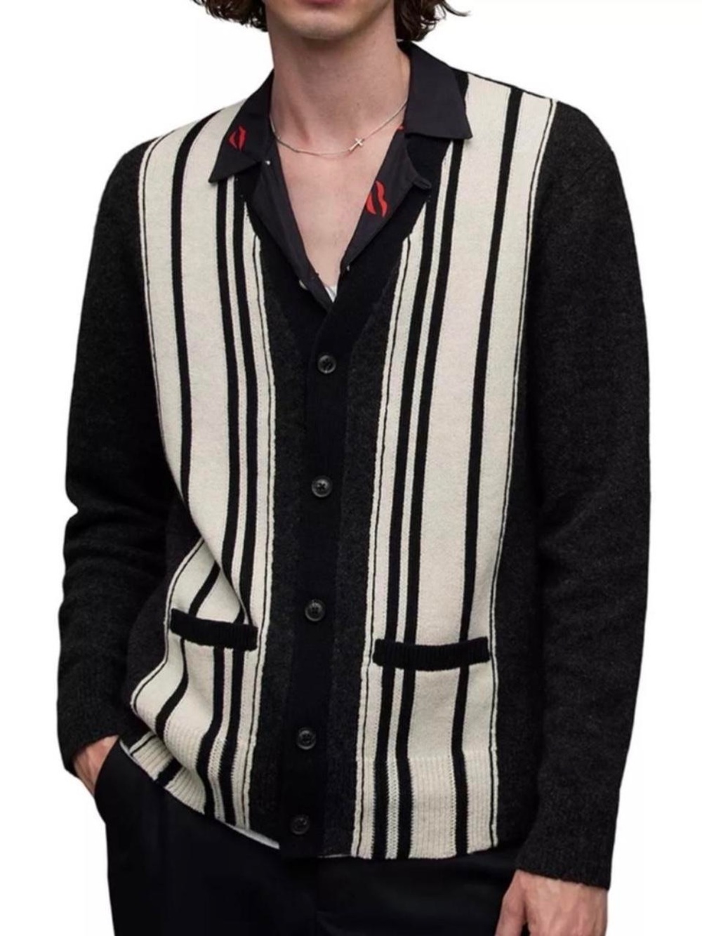 AllSaints Black and Cream Vertical Stripe Cardigan
